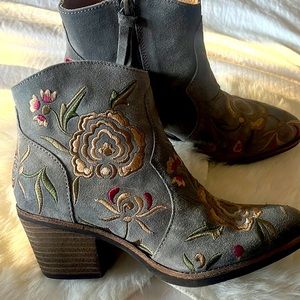 Floral and Vine Embroidered Suede and Leather Anklet Boot